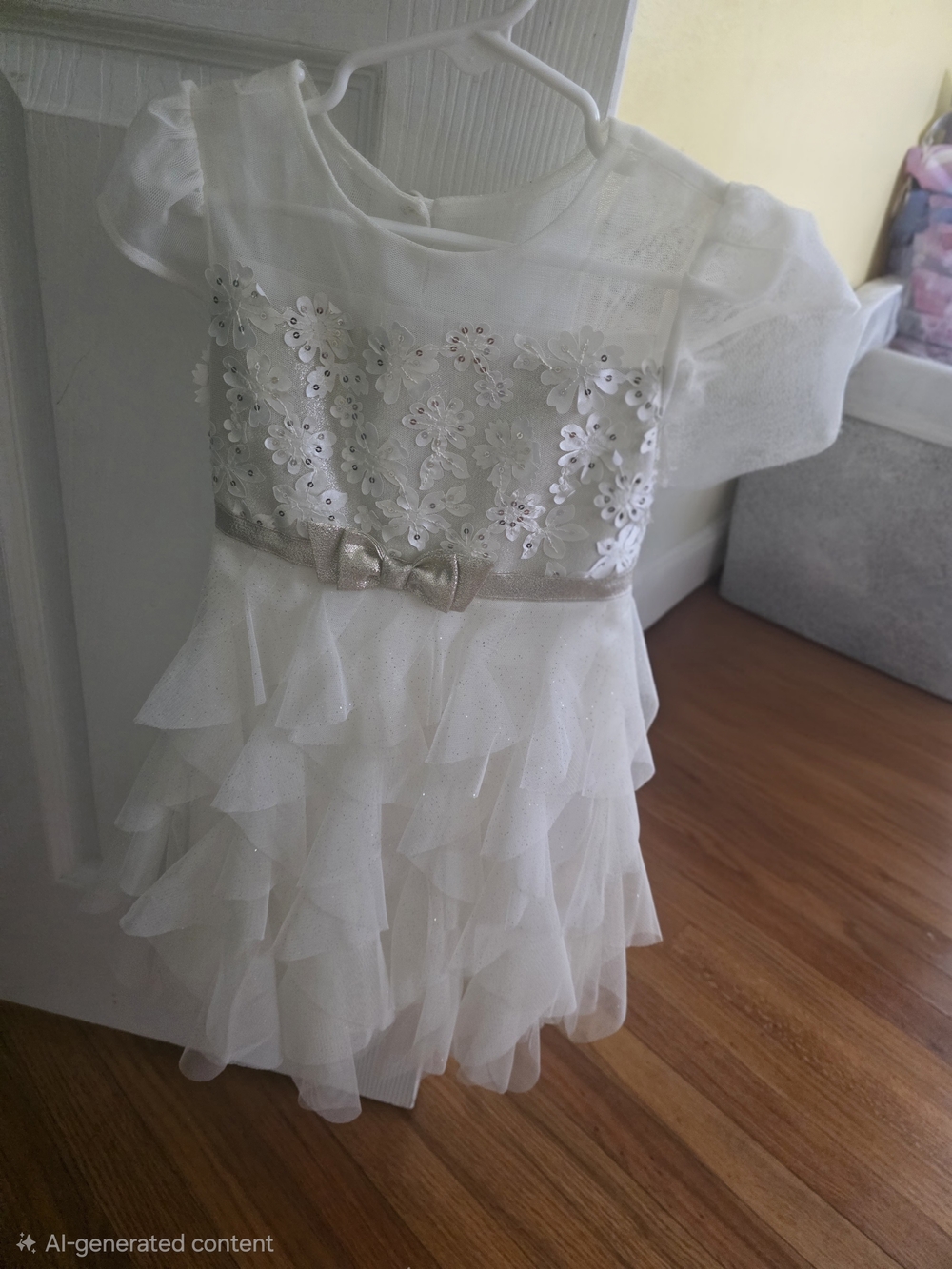 Jona Michelle White Tiered Tulle Dress with Sequin Floral Bodice and Gold Bow